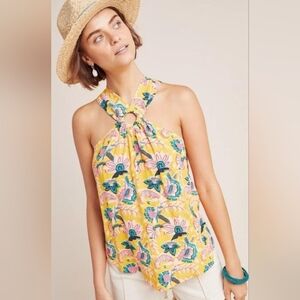 Maeve Anthropologie Yellow and Pink Floral Halter Top